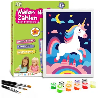 Zimrobin Malen Nach Zahlen für Kinder –13×18cm Malen Nach Zahlen Kinder ab 5 6 7 Jahre Mädchen und Junge,Kreatives Geschenk mit Rahmen 3 Pinsel und Acrylfarben (Bunter Einhorn)