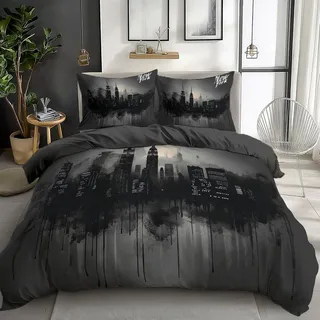 Quixora Bettwäsche Schwarz-Weiß-Ton New York Skyline Muster 155 x 220 cm Wendebettwäsche aus Mikrofaser für Mädchen und Damen, Dunkelgrau, Mit 80x80 cm Kissenbezug und Reißverschluss