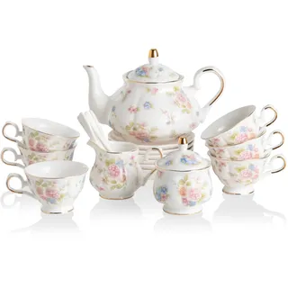 Sweejar Porzellan-Teesets, Vintage British Floral Relief Gold Rimmed Teekanne Tasse und Untertasse Set, Teeservice für 6, mit Teekanne, Zuckerdose, Milchkännchen, Löffeln, Teetasse und Untertasse