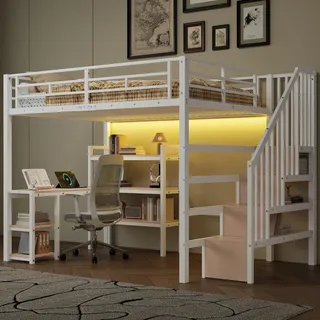 BTM Metall Hochbett 140x200 mit Schreibtisch und LED-Licht Hochbett Jugendliche mit Treppe, Staufächern, Weiß