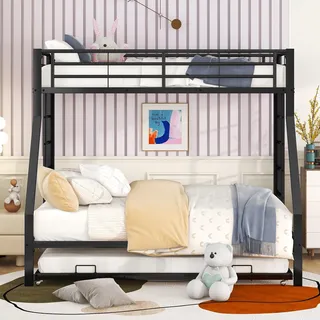 Moimhear Etagenbett, Metallbett mit ausziehbarem Bett,mit Leiter auf beiden Seiten für Kinder, Jugendliche, Erwachsene, einfach zu montieren, 90(140) x200cm (schwarz)