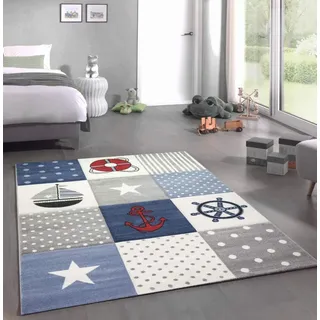 CARPETIA Kinderteppich Kinderzimmerteppich Kinderzimmer Jungen Maritim Meer kariert blau Größe 200 x 290 cm