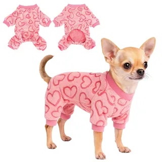 Yoolhamy Hunde Schlafanzug Fleece Hundepyjama Herz Einteiler Pyjama Pullover Valentinstag Strampler Klein Hundeoverall Schlafanzug für Welpen, Chihuahua, Yorkie (XS)