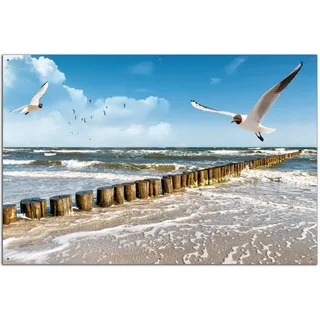Wallario Outdoor-Poster für Garten oder Balkon Fliegende Möwe am Strand, Motivbanner Größe: ca. 60 x 90 cm, Outdoor-Bild