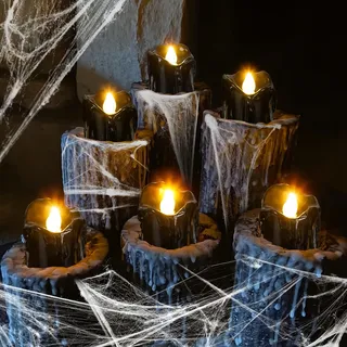 Charfia 12 Stück Schwarze LED Teelichter, Teelichter LED Teelicht Halloween Deko Outdoor Indoor Garten Dekoration Halloween Candle Batteriebetrieben Kerzen für Party