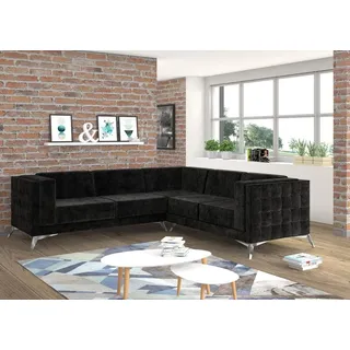Schwarze Samt Design Ecksofa Chesterfield Sofa Couch Wohnlandschaft Stoff Sitz - Schwarz