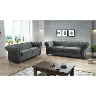 Easy4You Chesterfield Dunkelgrau Set 3-Sitzer + 2-Sitzer Sofa Sofas für Wohnzimmer Sofagarnituren mit Holzfüße Set Sofas & Couches