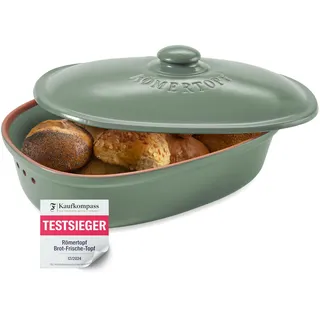 Römertopf Brottopf oval MAXI 6,5 L Brotkasten Keramik XXL, Grün | 40 x 28 x 20 cm, Platz für Baguette und Wochenvorrat, atmungsaktive Keramik mit Deckel, spülmaschinengeeignet