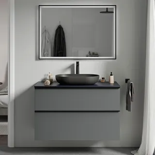 BERNSTEIN - Hängender Waschtischunterschrank Badezimmer MDF Anthrazit matt, Waschtischplatte Nachtblau matt, Metallgriff Anthrazit matt - 100x46x62cm - LAVOA