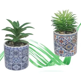 Trade Shop - keramikvase mit künstlicher pflanze 15 cm pflanze geschenkidee favor blau -