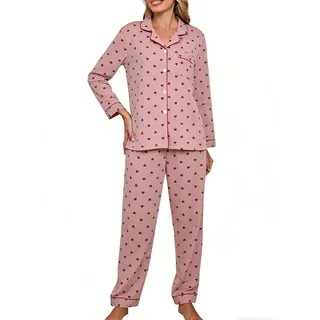 Minetom Damen Pyjama Set Schlafanzug Polka Dots mit Knopfleiste und Hemdkragen Zweiteiliges Nachtwäsche Leicht Langarm Shirt und Hosen Stil E 34 - 34