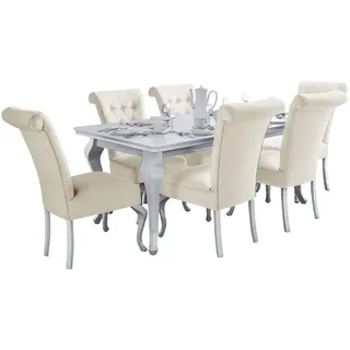 Deine Möbel 24 Tischgruppe, Weiß Hochglanz, Beige, Buchenholz, Echtholz,Buche, 6-Sitzer, Rechteckig, 80x76x140 cm, Esszimmer, Bänke, Tisch- & Eckbankgruppen