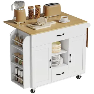 HOMCOM Kücheninsel auf Rollen mit 2 Schubladen 115x40(70) x89 cm Weiß | 2 Soft-Close-Türe, Ausklappbare Arbeitsfläche, Küchenwagen, Servierwagen mit Gewürzregal, Handtuchhalter, Verstellbare Regale