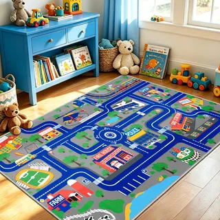 Capslpad Kinder Teppich Spielteppich für Kinder Stadt 100x160cm rutschfest Kinderteppich Spielmatte Maschinenwaschbar Kurzflor Pädagogischer Spielteppich für Kinderzimmer Spielzimmer Dekor, Blau