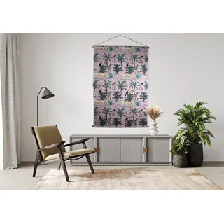 Indradanush Wanddekoobjekt Wandbehang Afrika Tiere bedruckt Stoff 40 / 90x140 cm Holzstäbe (1 Stück), bedruckte Wanddeko aus Baumwolle, bestickt, bunt rosa 90 cm x 140 cm