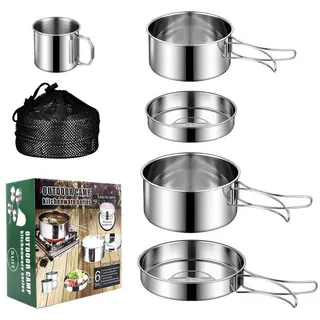 LuxusKollektion Geschirr-Set Camping Kochgeschirr Edelstahl 5tlg. Faltbar, Metall silberfarben