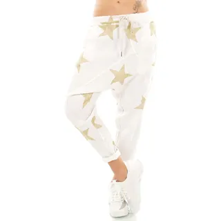 TA Fashion Damen Harem Hose Leinen Jogpants Baggy Boyfriend Freizeithose Gold Silber Sterne Italien - Einheitsgröße