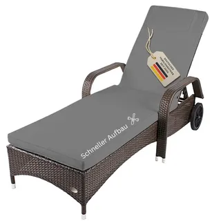 RS Trade Sonnenliege Gartenliege Toscana Wetterfest mit Rollen – Polyrattan Rattan Liege Outdoor mit Armlehne, Verstellbare Relaxliege für Garten, Terrasse, Balkon, braun mit Grauer Auflage & Kissen