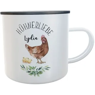 Kilala Hühner EmailleBecher Huhn Emaille Blechtasse Vintage Becher Geschenk für Hühner-Hof Hühnerzüchter Mädchen Frauen Kinder (Hühnerliebe mit Namen)