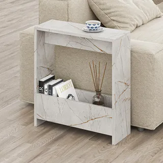 Beistelltisch mit integriertem Magazinhalter| kompakter Beistelltisch für Wohnzimmer und Büro| platzsparender End Table für kleine Räume| Magazinaufbewahrung| 20 x 55 x 60 cm (Gold Marmor Effekt)
