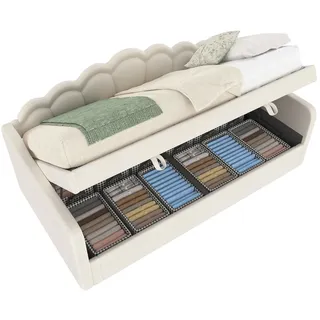 OKWISH Tagesbett 90x200 aus Samt mit Stauraum und LED, Polsterbett mit hydraulischem Bettkasten, platzsparendes Einzelbett, modernes Design Beige