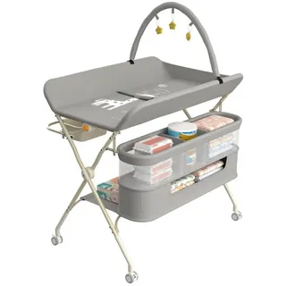JEOBEST Wickeltisch Mobiler Baby Wickelkombi, 3 in 1 Wickeltisch Klappbar, (1-tlg) mit Sicherheitsgurt Aufbewahrungskorb und Kleiderstange grau