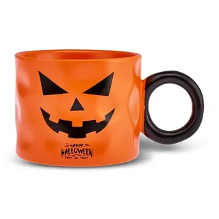 Karaca Halloween Kürbis Gesicht Keramik Tasse, 10cm, Orange Schwarz