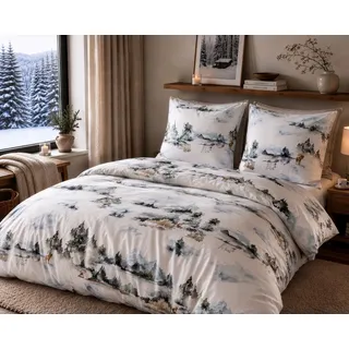 BETTWAESCHE-MIT-STIL Bettwäsche Mako Satin Bettwäsche Winter Wald, Mako-Satin, 3 teilig weiß