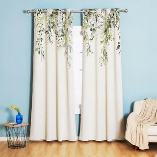 Tokusyou Grün Blätter Vorhang Blickdicht Gardinen mit Ösen Landhaus Verdunklungsvorhange Vintage Dekoschal Thermovorhang Kälteschutz Weiß für Schlafzimmer Fenster 2 Stücke Set 245×132cm(H×B)