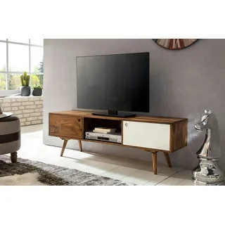 FineBuy TV Lowboard 140 cm Massiv Holz Sheesham Landhaus 2 Türen & Fach, HiFi Regal 4 Füße, Fernseher Kommode Vintage