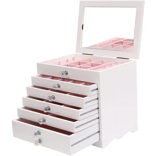 Weiß Schmuckkasten, Schmuck Organizer mit 7 Ebenen 5 Schubladen, für Halskette Ohrring Armreif 28.1 * 19.5 * 26cm
