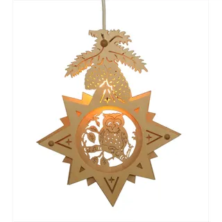 ERM Holzmanufaktur Fensterbild Eule im Stern - Weihnachten Advent Dekoration beleuchtete Weihnachtsdekoration aus Holz für die Weihnachtszeit