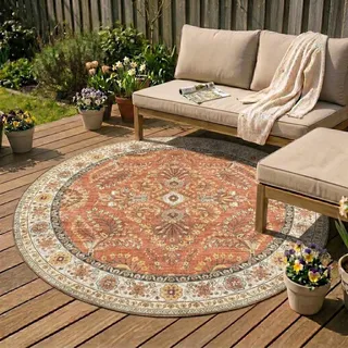 FRAAI | Home & Living Vintage Gartenteppich Rund - Santo Flora Terrakotta - Wetterfest - Polyester - Ø 100 cm - Balkon, Garten/Terrasse - Terrasse Teppich - Outdoor Rug