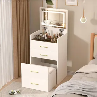 stilvora Schminktisch mit 3-in-1 Design und klappbarem Spiegel, Frisiertisch mit Glasplatte und 3 Schubladen, Kosmetiktisch kompakt mit integrierte... - Weiß