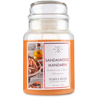 Fragrance and Style GmbH Duftkerze Purple River Sandalwood Mandarin, handgegossen, Sojawachs, 623g, Brenndauer 140h, Glas, 2 Baumwolldochte