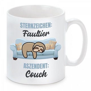 Herzbotschaft Tasse Kaffeebecher mit Motiv Sternzeichen Faultier - Aszendet Couch, Keramik, Kaffeetasse spülmaschinenfest und mikrowellengeeignet