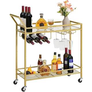 HOOBRO Barwagen, Küchenwagen mit Weinhaltern und Getränkehaltern, 2-stöckiger Servierwagen mit Rollen und Geländern, für Esszimmer, Wohnzimmer, Garten, Party, Bar, Gold EGD11TC01