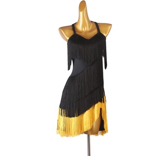 Damen Schwarz Latein Tanzkleider Neckholder Latein Turnierkleid Ballsaal Rückenfrei Salsa Samba Fransen Schlitz Rock Walzer Foxtrott Tanzkleid Latein Trainingskleid (M,Schwarz)