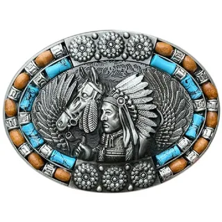 SHENGANG Gürtelschnalle Vintage Stil Metall Relief Indianer Und Pferdeform Zarte Gürtelschnalle DIY Bund Zubehör Cowboy Rock Stil Western Gürtelschnallen Herren Cowboy Western Gürtelschnallen