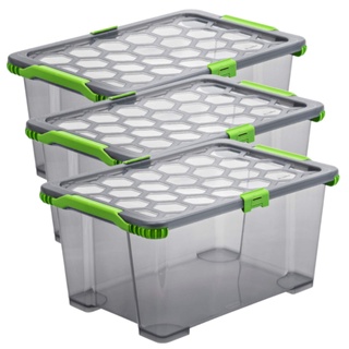 Rotho Evo Total Protection 3er-Set Aufbewahrungsbox 44l mit Deckel, lebensmittelechter Kunststoff (PP) BPA-frei, anthrazit/transparent, (59,0 x 39,5 x 28,0 cm), (59 x 39,5 x 28 cm)