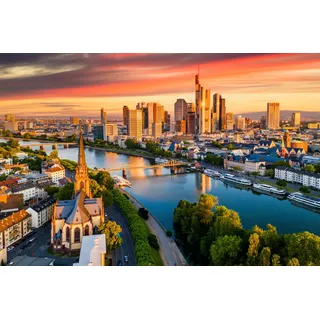 Papermoon Fototapete PAPERMOON "FRANKFURT-MAIN SKYLINE WOLKENKRATZER BRÜCKE FLUSS SONNE", bunt, B:5m L:2,8m, Vlies, Tapeten