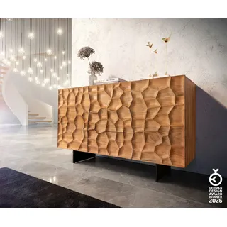 DELIFE Sideboard Solu, Akazie Natur 145 cm 2 Türen 3 Schübe Sideboard 3D-Front beige 145 cm x 80 cm x 40 cm