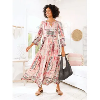 Maxikleid HEINE "Druck-Kleid", Damen, Gr. 34, Normalgrößen, rosa (ecru, rosenquarz, bedruckt), 100% Viskose, gemustert, animal-print, ethno, mehrfarbig, bedruckt, lang, Rundhals, Langarm, Kleider