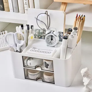Rseuphiee Schreibtisch Organizer mit 5 Fächern 2 Schubladen, Multifunktionaler Schreibtisch-Büro-Organizer für Zuhause, Schule (Weiß)