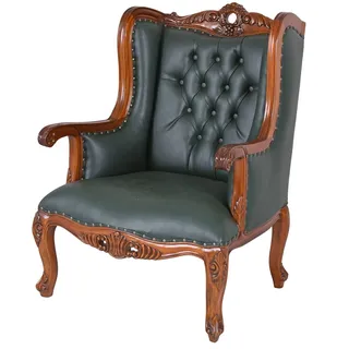 PALAZZO INT Bibliothek Ohrensessel „Sherlock Holmes“ Chesterfield Sessel Mahagoni grün Kunstleder Handarbeit 104x74x60 cm Nostalgischer Kaminsessel englischer Stil Reproduktion antik