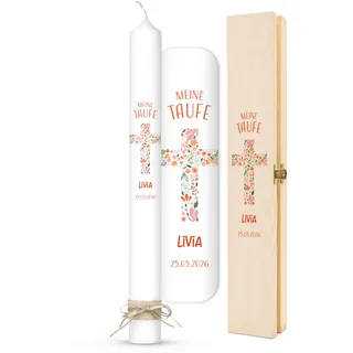 AMARI ® Personalisierte Florale Taufkerze (002.10.05) H:40cm/⌀:4cm - Mädchen/Junge - Kerze Gestalten Taufe - Mit Namen