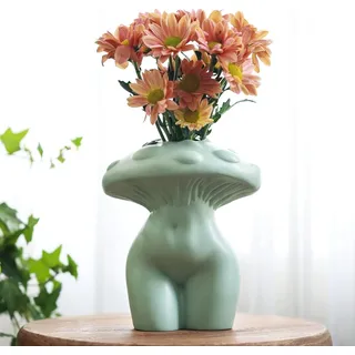 AmiCera Vase mit Pilz DamenköRper für Blumen, Einzigartige Pilzdekoration, Eklektische Vasen mit Hintern In Damenform für Blumen, Funky Gesicht Ästhetische Deko Wohnzimmer, Salbei Grün