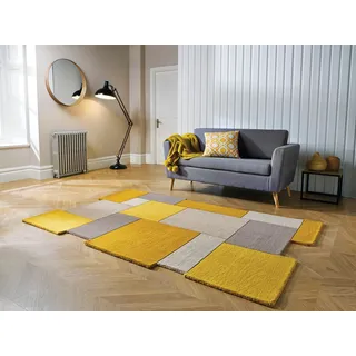 Wollteppich FLAIR RUGS "Abstract Collage, 100% Wolle", gelb (ocker), B:150cm H:11mm L:240cm, Wolle, Teppiche, Karo Design, Patchwork, modern, mehrfarbig, Wohnzimmer, Schlafzimmer