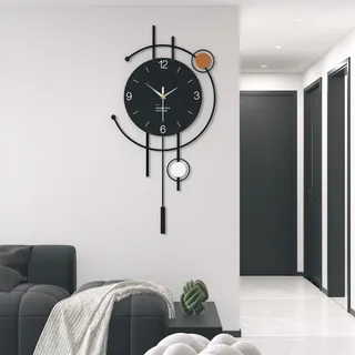 TWFJEL Modern Minimalistisch Wanduhr Kreativ ohne Tickgeräusche Dekorative Wanduhren Batteriebetrieben Schwarz Holzzifferblatt + Metallrahmen Pendeluhr für Wohnzimmer Schlafzimmer Büro Küche (L)