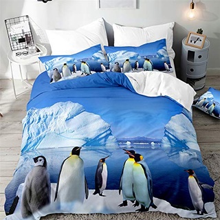 Morbuy 3D Bettbezug Bettwäsche Set - Pinguin Drucken Erwachsene Kinder Bettwäsche-Set, Mikrofaser Weiche Bettbezug mit Reißverschluss und Kissenbezüge (180x220cm,Eisbergpinguin)
